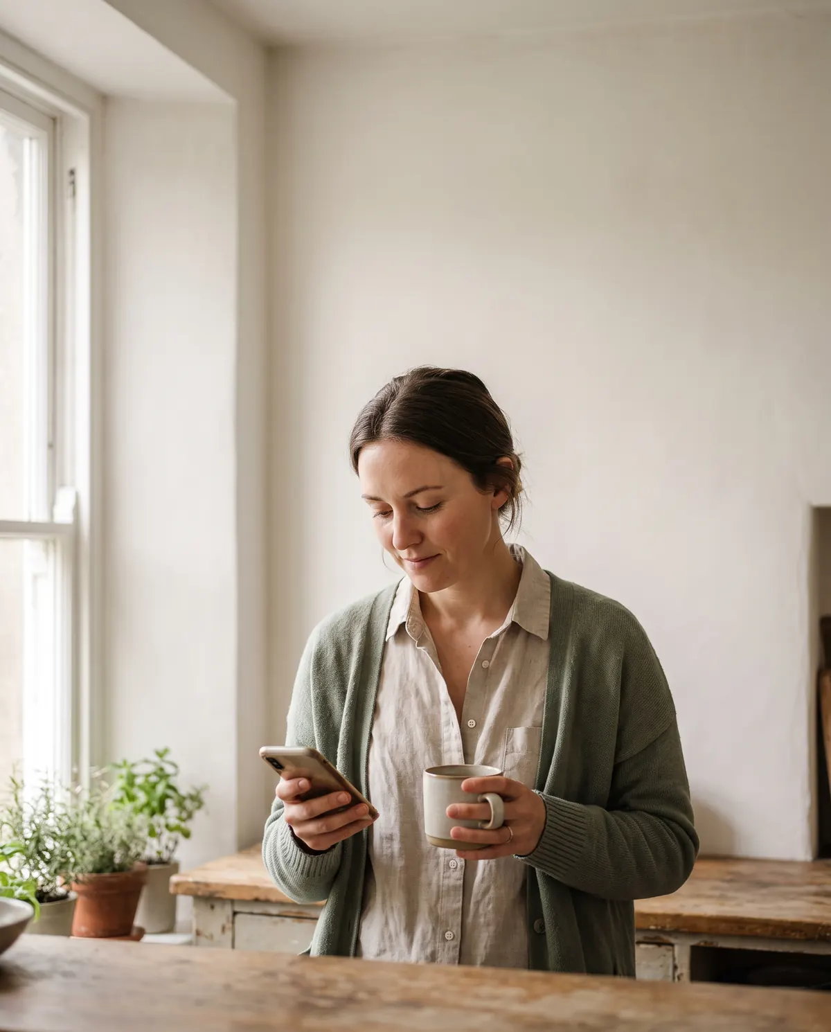 A woman by a kitchen window, coffee in hand, reading her phone